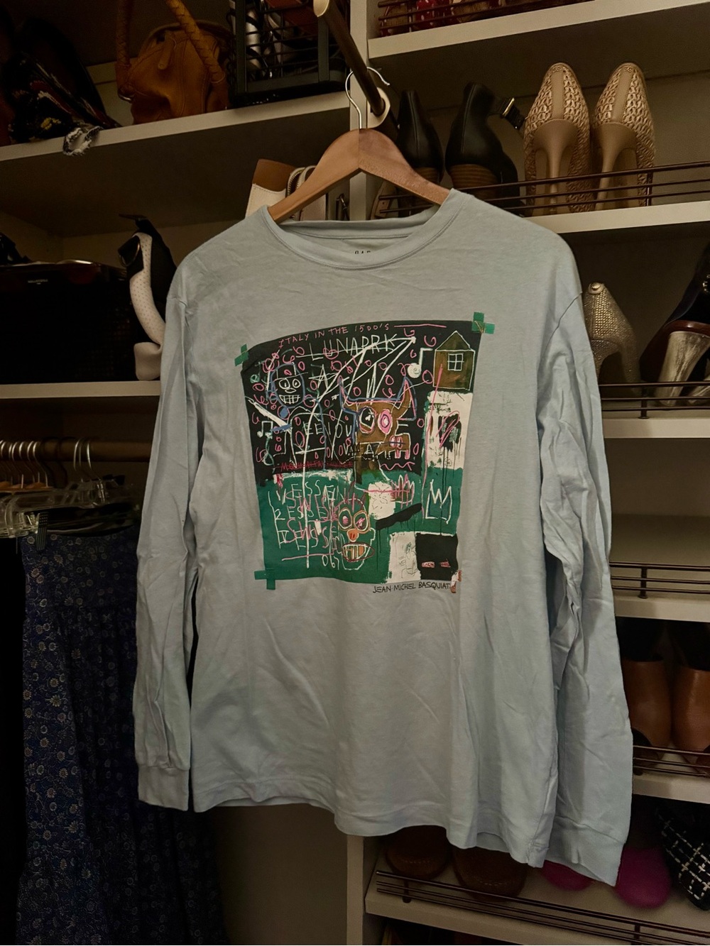 GAP Light Blue Long-Sleeve Graphic Tee with Green & Black Art